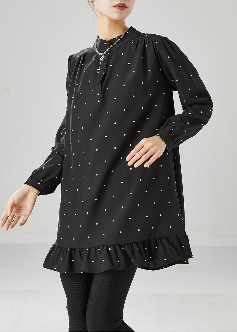 Black Dot Print Ruffles Cotton Mini Dresses Fall
