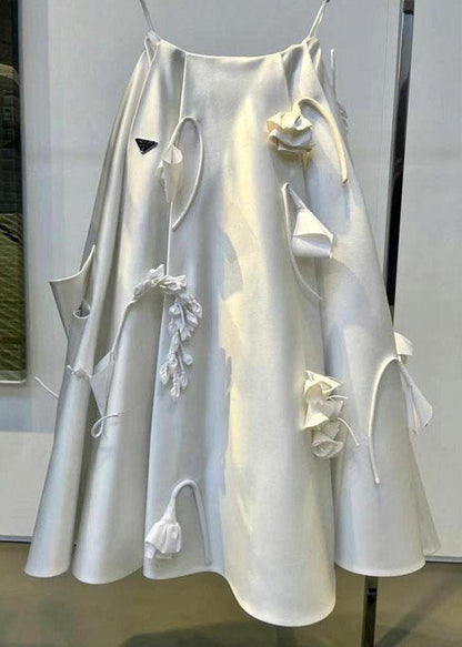 White Wrinkled Decorated Silk Skirts Summer