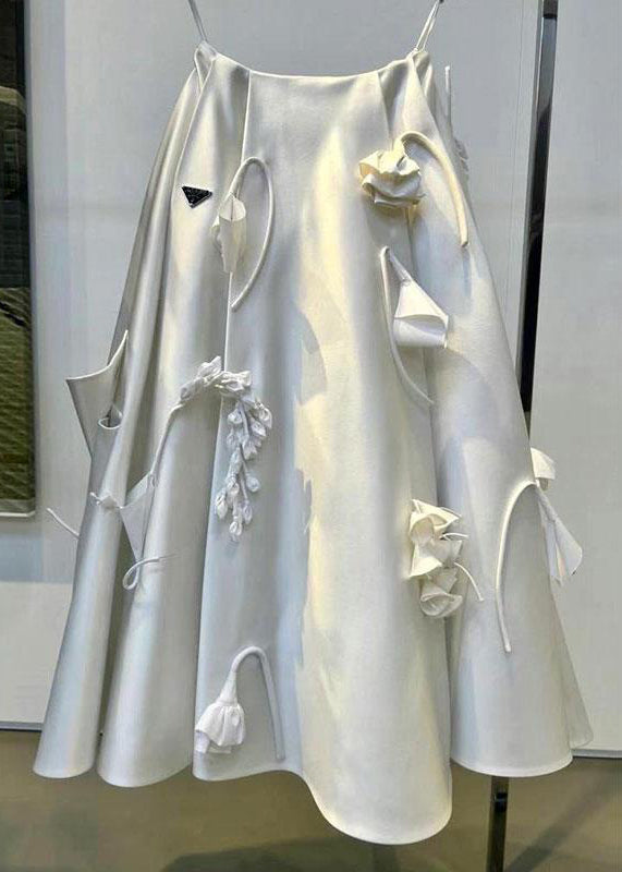 White Wrinkled Decorated Silk Skirts Summer
