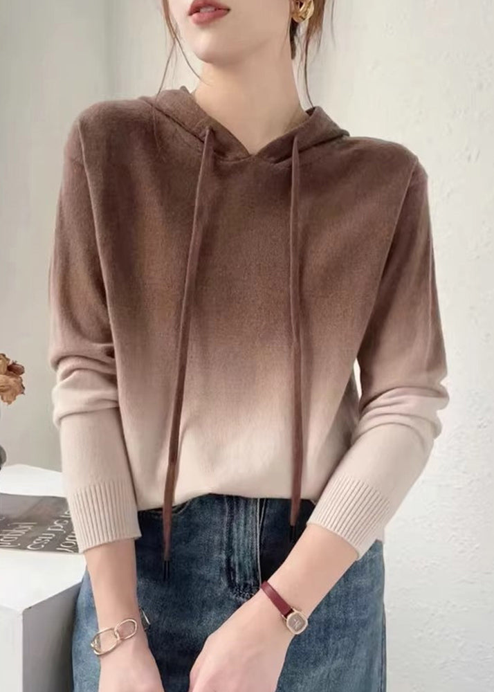 New Orange Gradient Color Hooded Patchwork Wool Knit Sweaters Fall