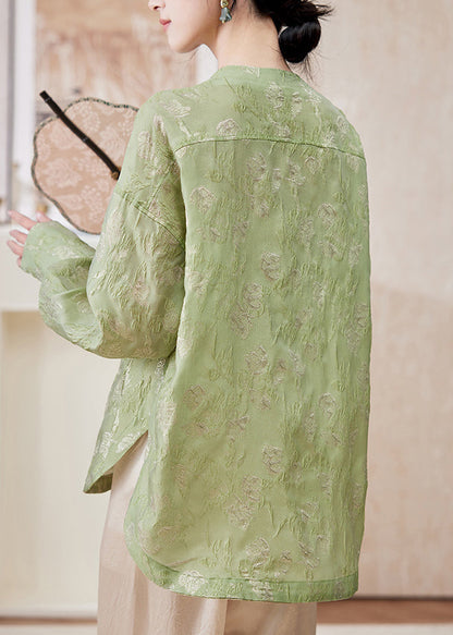 Chinese Style Green O-neck Butterfly Low High Design Chiffon Top Lanter Sleeve