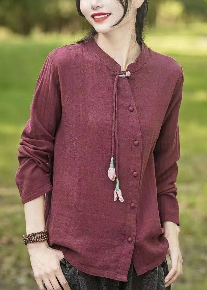 Mulberry Stand Collar Tasseled Patchwork Cotton Shirts Fall