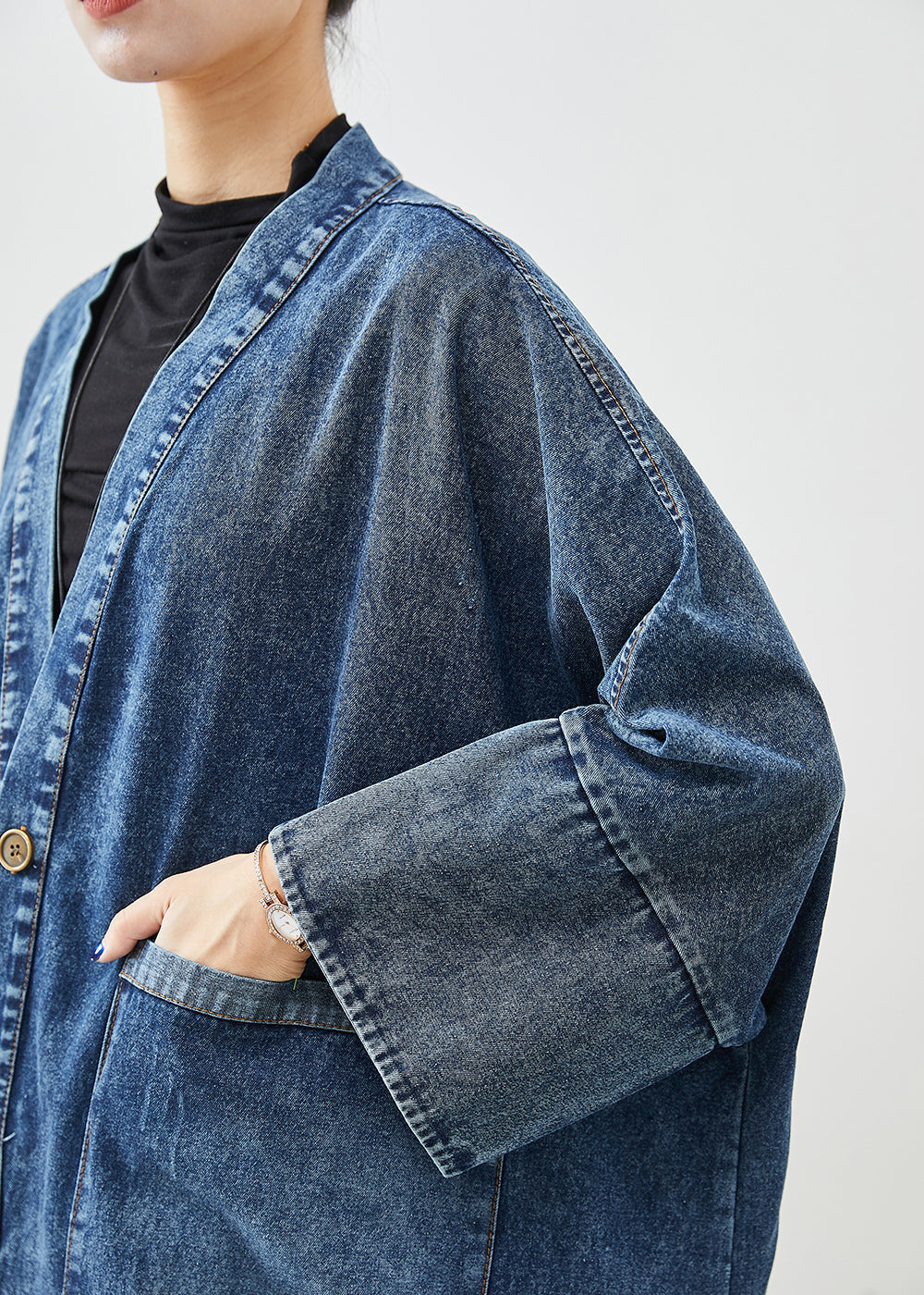 Blue Oversized Pockets Denim Trench Coats Batwing Sleeve