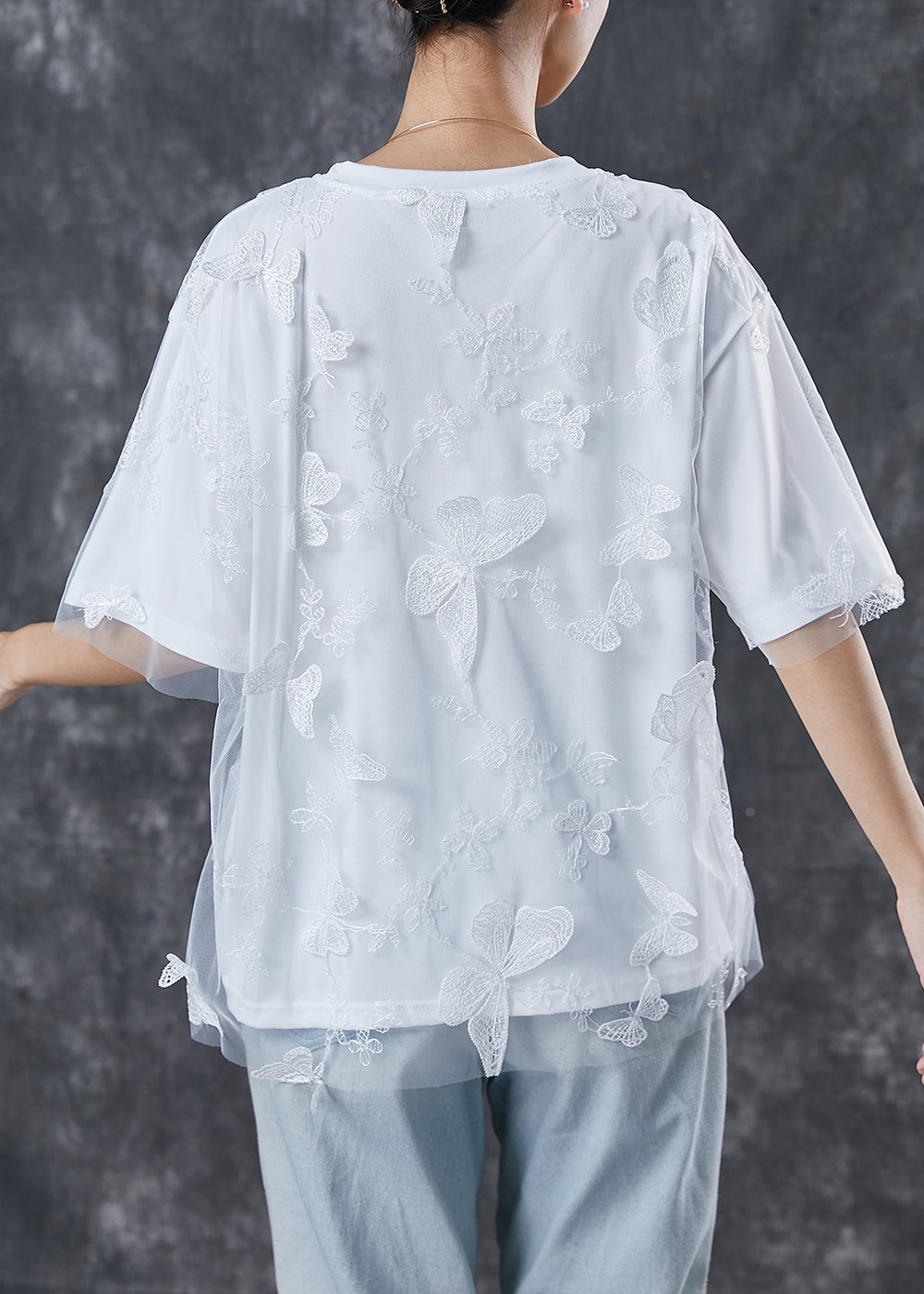 White Embroideried Butterfly Tulle Tanks Top Summer
