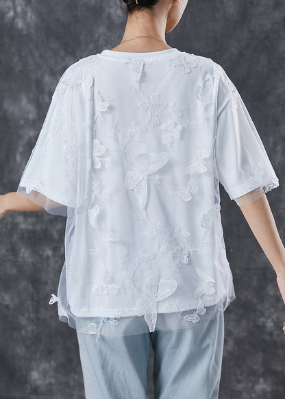 White Embroideried Butterfly Tulle Tanks Top Summer