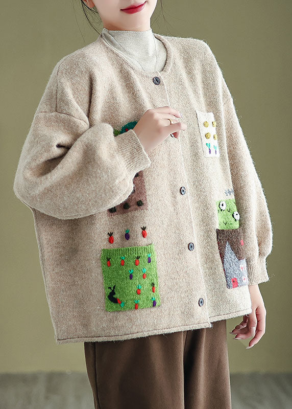 Apricot O Neck Pockets Button Knit Cardigans Coat Fall