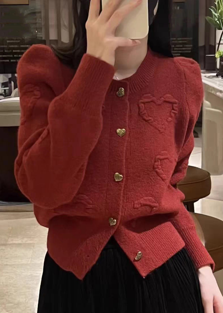 Red O Neck Button Knit Cardigan Fall