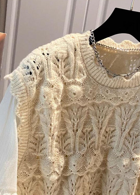 Apricot O-neck Lace Patchwork Hollow Out Shirts Long Sleeve