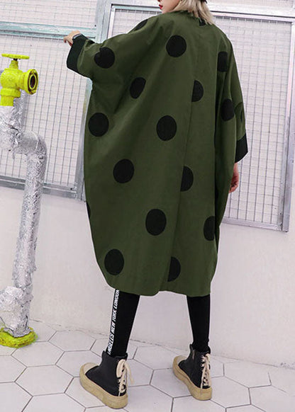 Loose Army Green Asymmetrical Design Peter Pan Collar Dot Print Trench Coats Spring