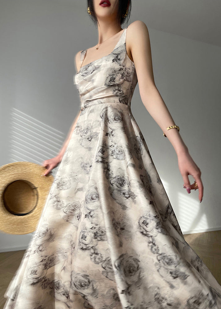 Square Collar Zippered Print Chiffon Maxi Dresses Sleeveless Summer