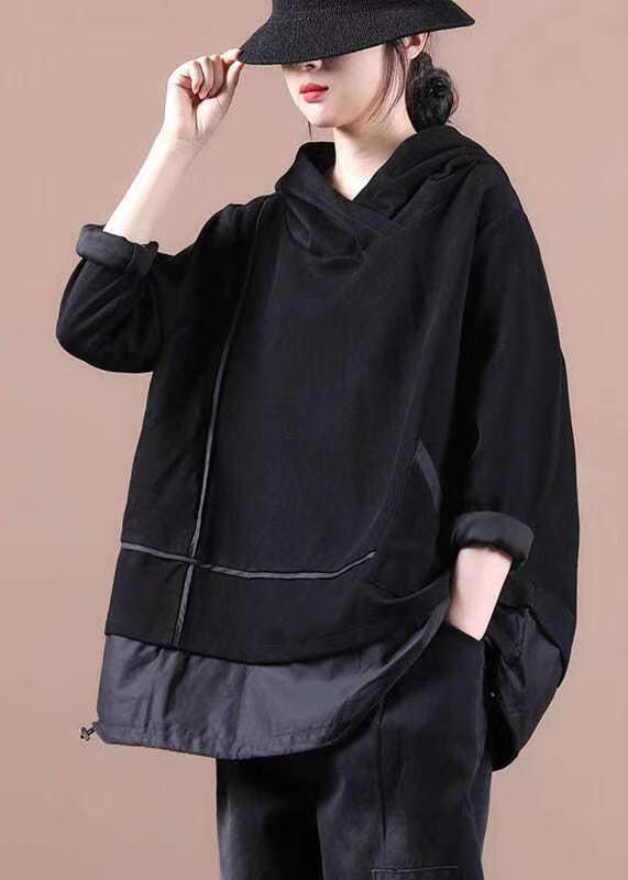 Black Striped Hooded Patchwork Warm Fleece Pullover Sweatshirt Winter
