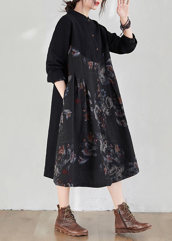 French Stand Collar Patchwork Spring Tunic Pattern Fabrics Black Print Dress
