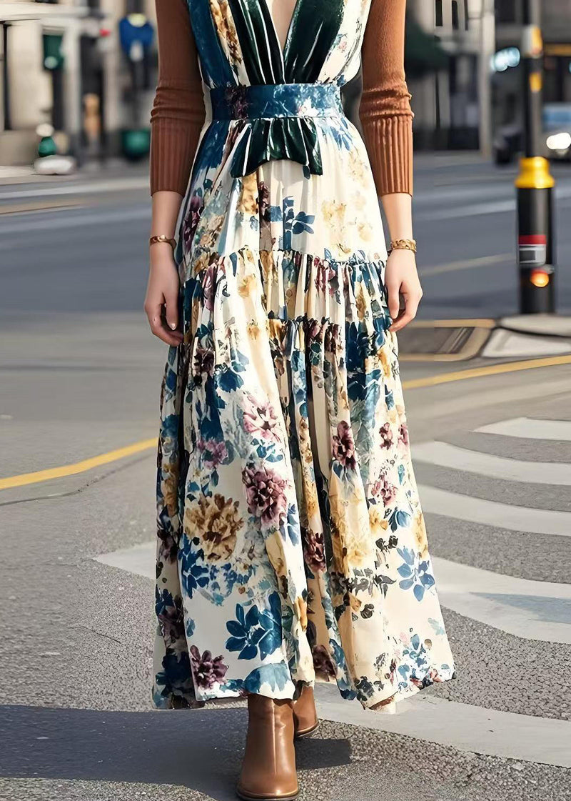 V Neck Patchwork Print Silk Velour Long Dress Fall