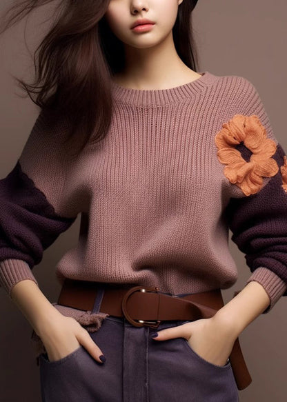 Art Purple O-neck Cozy Patchwork Knit Sweaters Winter
