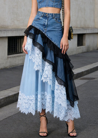 Blue Asymmetrical Lace Patchwork Denim Skirts Summer