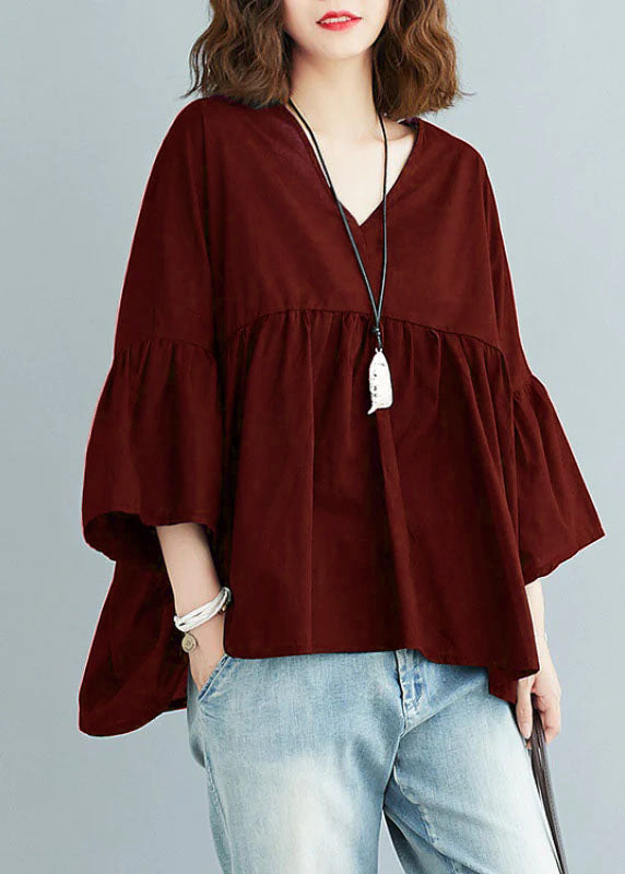 Green Feather V Neck Patchwork Asymmetrical Design Fall Top Three Quarter Sleeve