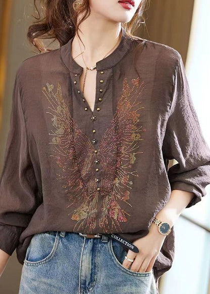 Coffee Zircon Patchwork Loose Chiffon Shirts Top V Neck Fall