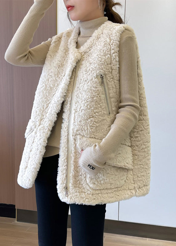 Beige Zip Up Patchwork Faux Fur Teddy Vests Winter