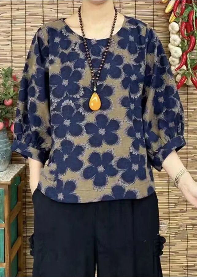 Red O-neck Oversized Print Linen Shirt Bracelet Sleeve