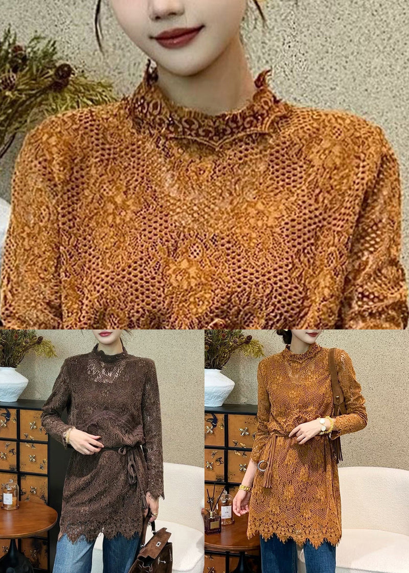 Orange Tie Waist Lace Mini Dresses Hollow Out