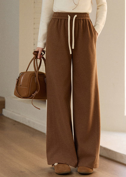 Oatmeal Pockets Elastic Waist Woolen Wide Leg Pants Fall