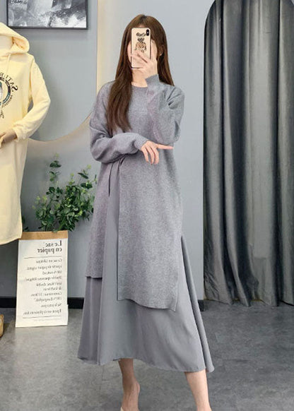 Yellow O-neck Chiffon Patchwork Knit Dresses Spring