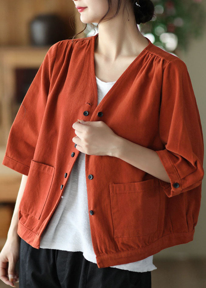 Art Red V Neck Button Pockets Color Cotton Coats Bracelet Sleeve