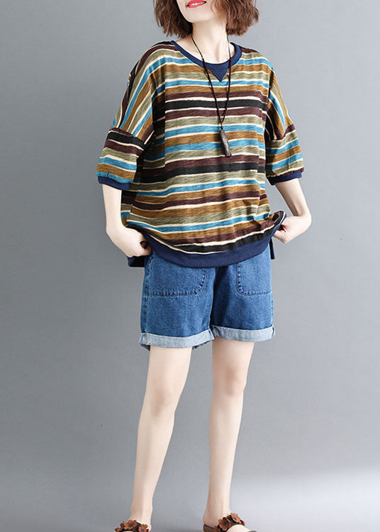 Colorblock O Neck Striped Patchwork Cotton Tops Summer