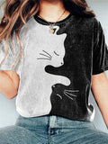 Black Cat Embrace All Print Casual Cotton T-Shirt elevenforest