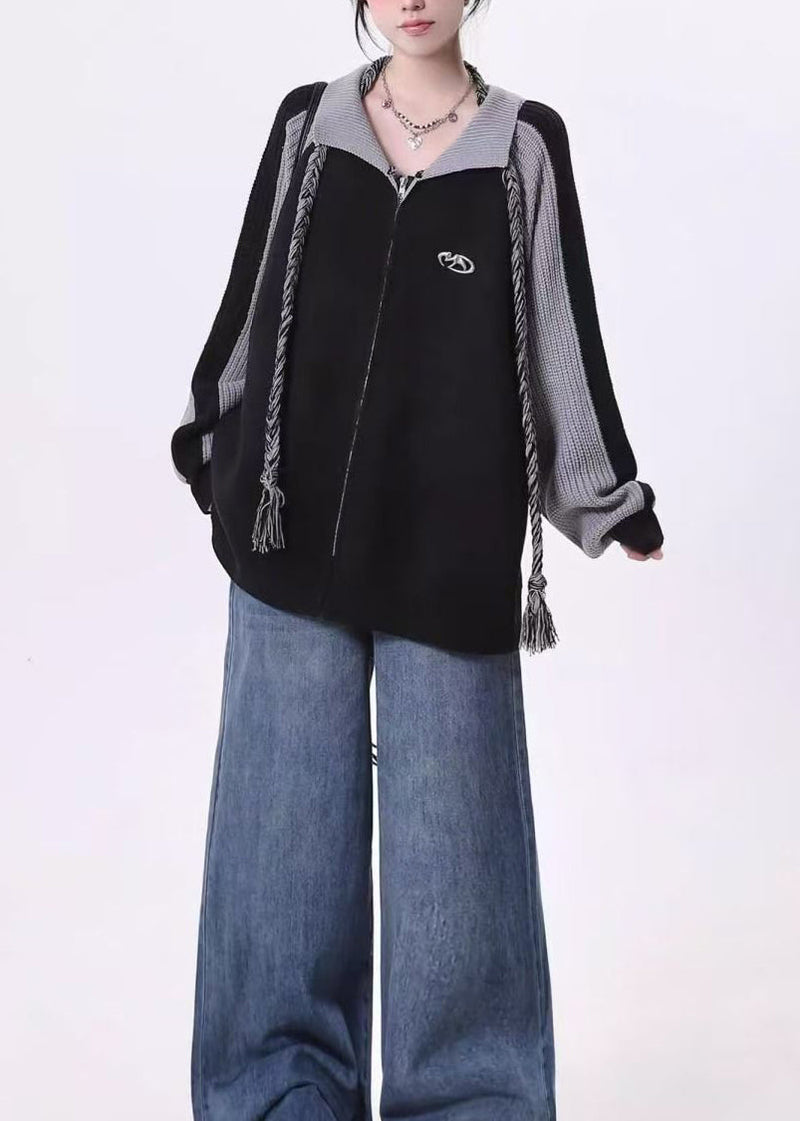Black Zip Up Patchwork Loose Knit Cardigan Spring