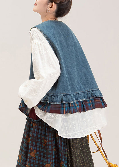 Blue O-neck Ruffled Patchwork Denim Waistcoat and Shirts Two Pieces Set Sleeveless