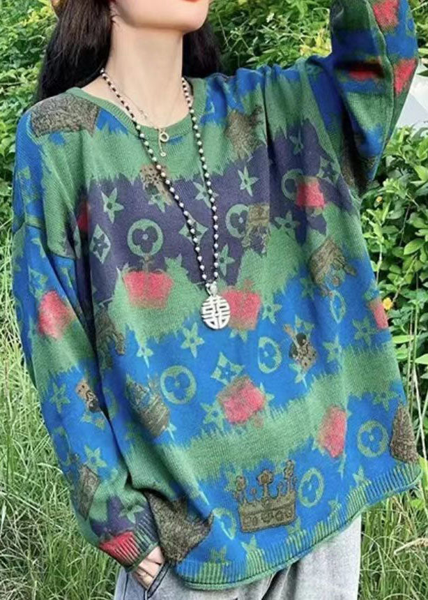 Simple Green O-neck Oversized Print Knit Short Sweater Spring