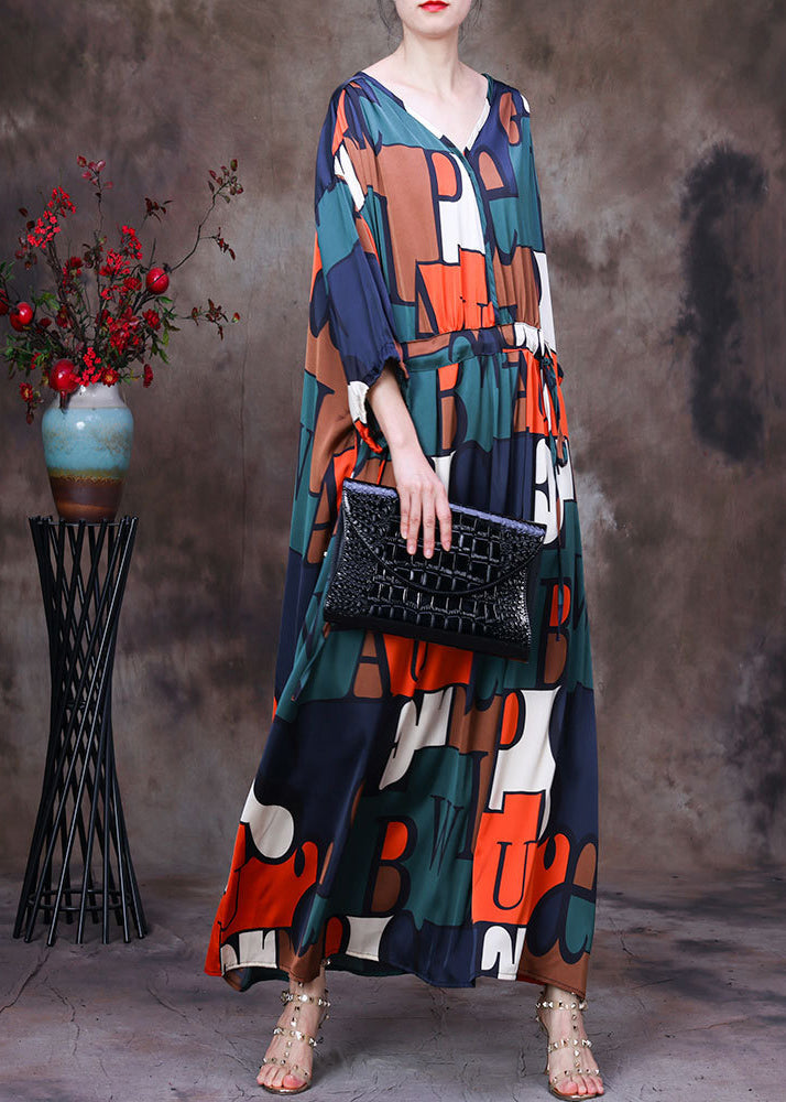 Colorblock V Neck Drawstring Letter Print Chiffon Long Dresses Summer