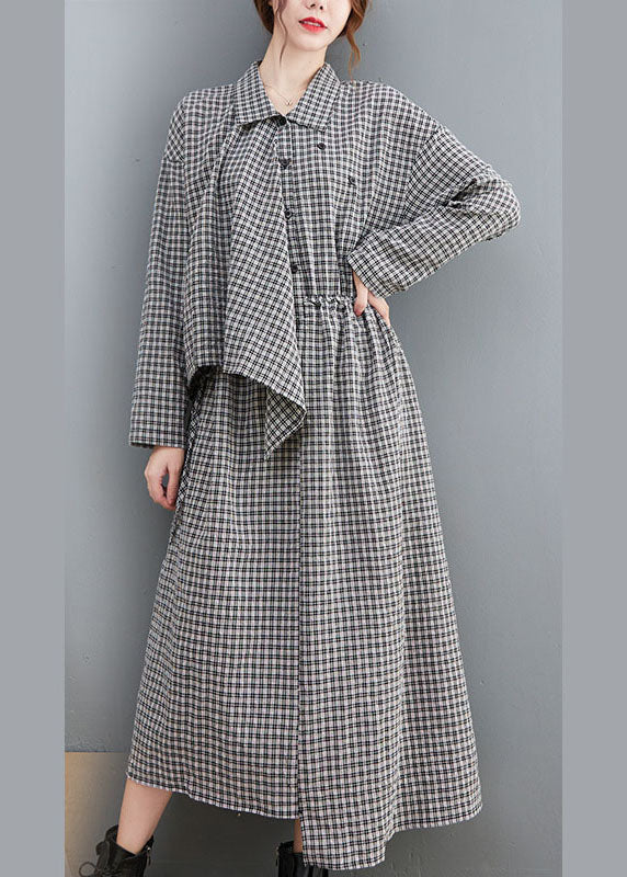 Fitted Black Plaidpeter Pan Collarbuttonasymmetrical Design Fall Holiday Dress Long Sleeve