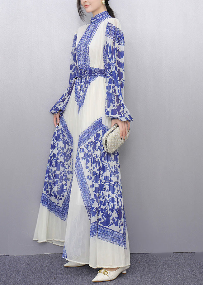 Blue Tunic Print Chiffon Pleated Dresses Summer
