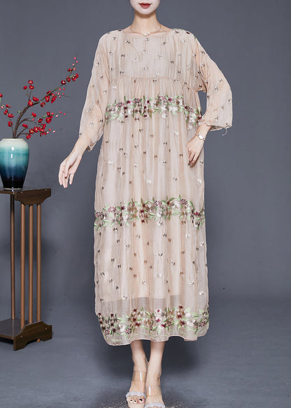 Apricot Embroideried Oversized Silk Maxi Dresses Fall