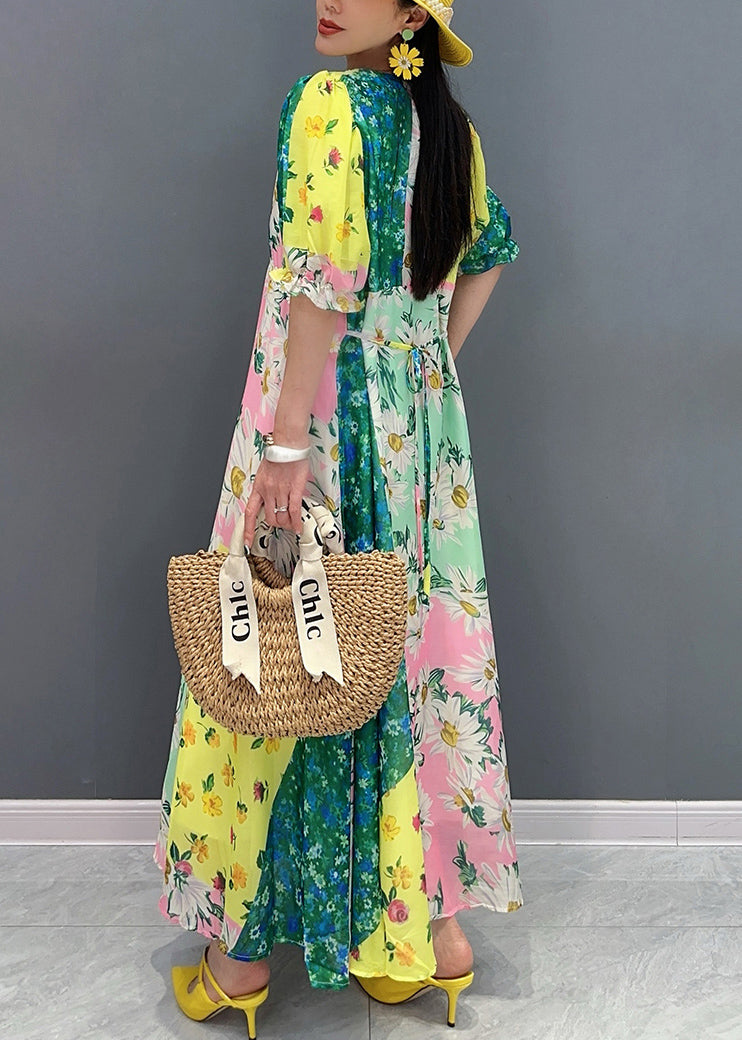 Yellow O-neck Print Patchwork Cotton Long Dress Summer