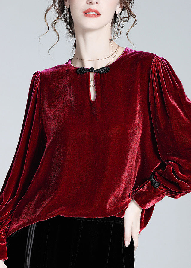 Natural Mulberry O-neck Button Velour Top Spring