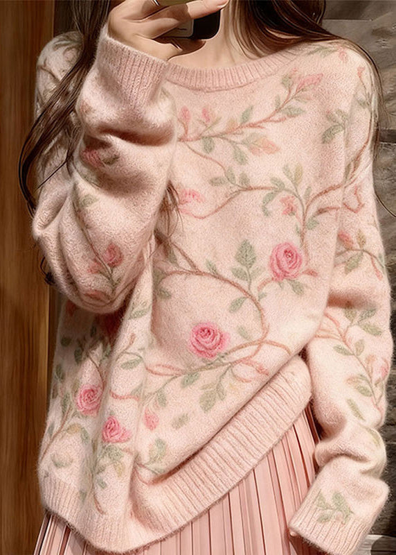 Style Pink O Neck Thick Knit Sweater Tops Winter