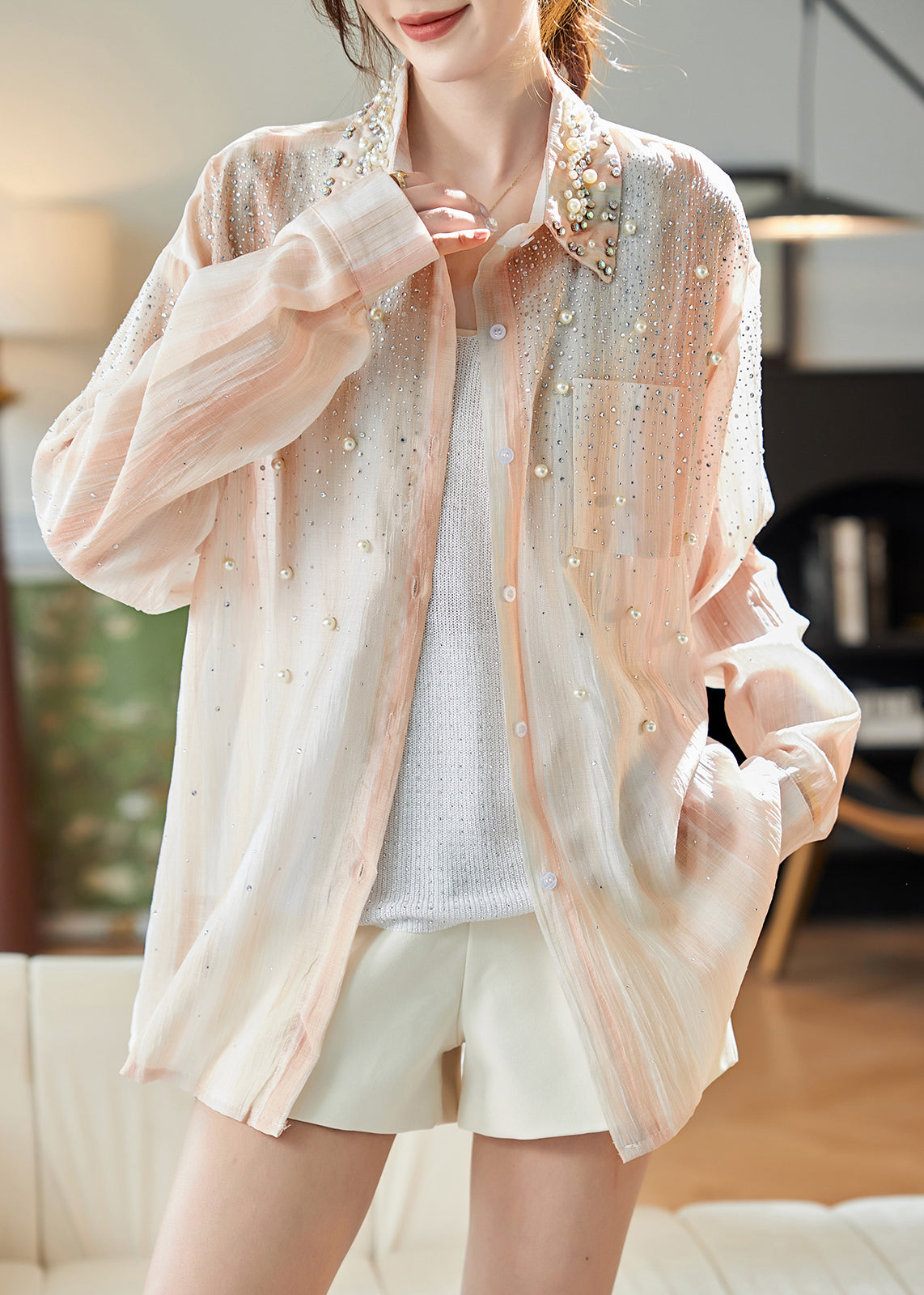 Orange Peter Pan Collar Nail Bead Zircon Chiffon Shirts Fall