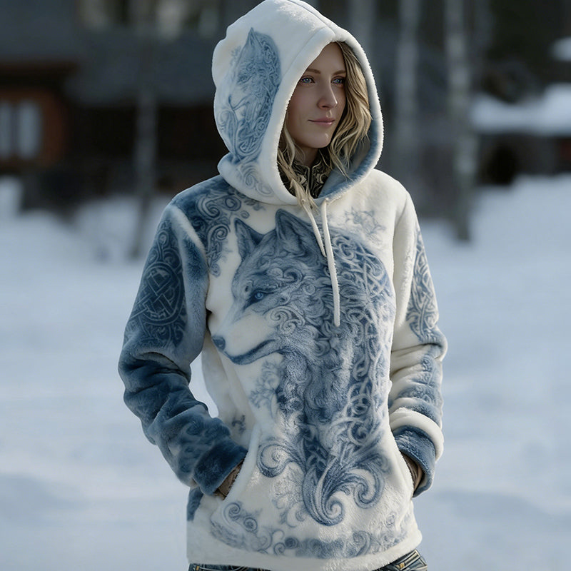 Comstylish Women's Vintage Viking Celtic Knot And Wolf Pattern Color-blocked Comfortable Plush Hoodie