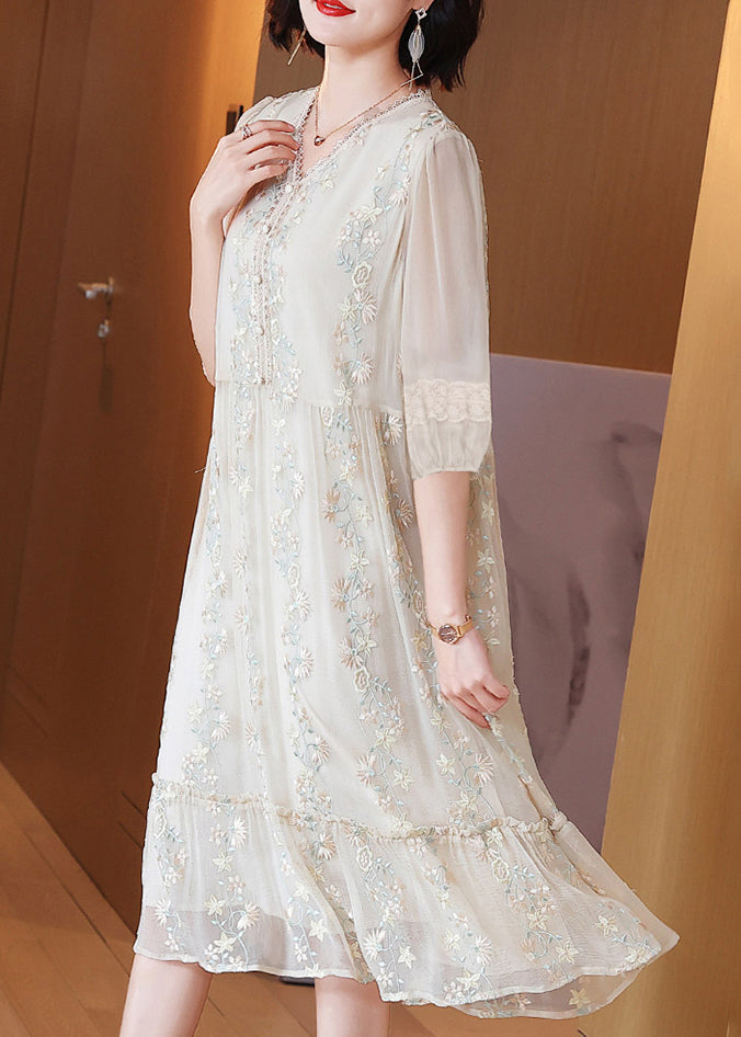 Beige Embroidered Lace Ruffled Silk Dresses Half Sleeve