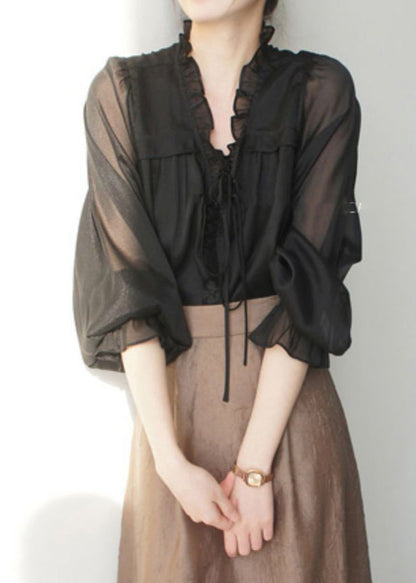 French Black V Neck Ruffled Silk Shirts Spring
