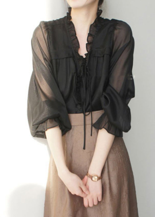 French Black V Neck Ruffled Silk Shirts Spring