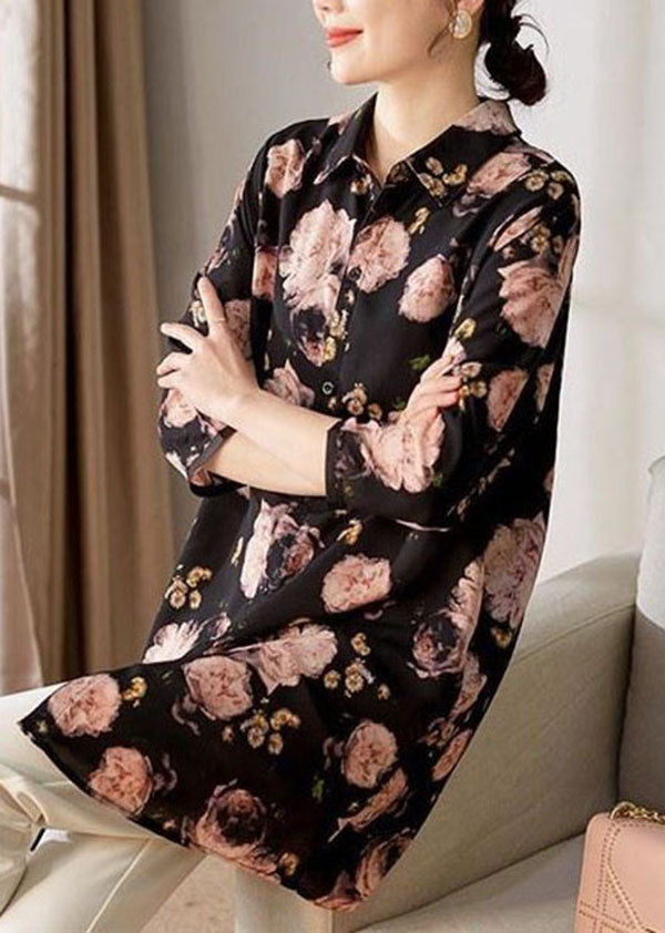 Boutique Black Peter Pan Collar Print Chiffon Blouse Tops Bracelet Sleeve