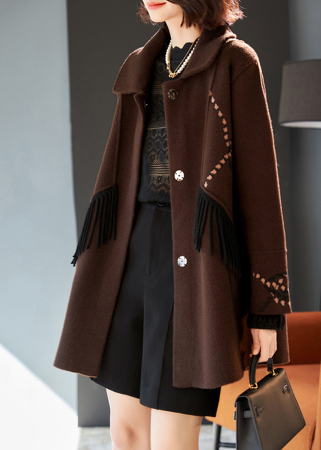 Chocolate Tasseled Patchwork Woolen Coat Outwear Spring