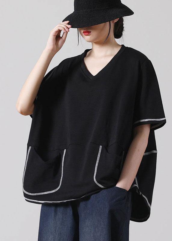 Style Black Asymmetrical Design Cotton Tee Short Sleeve