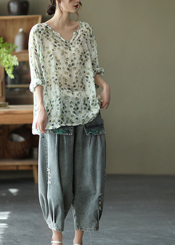 Stylish Green V Neck Print Fall Tops Long Sleeve
