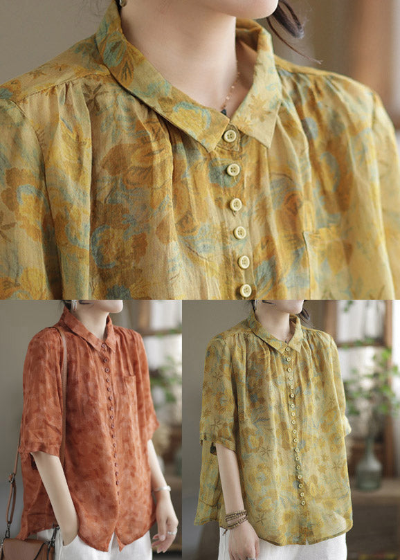 Yellow Peter Pan Collar Print Linen Shirt Half Sleeve