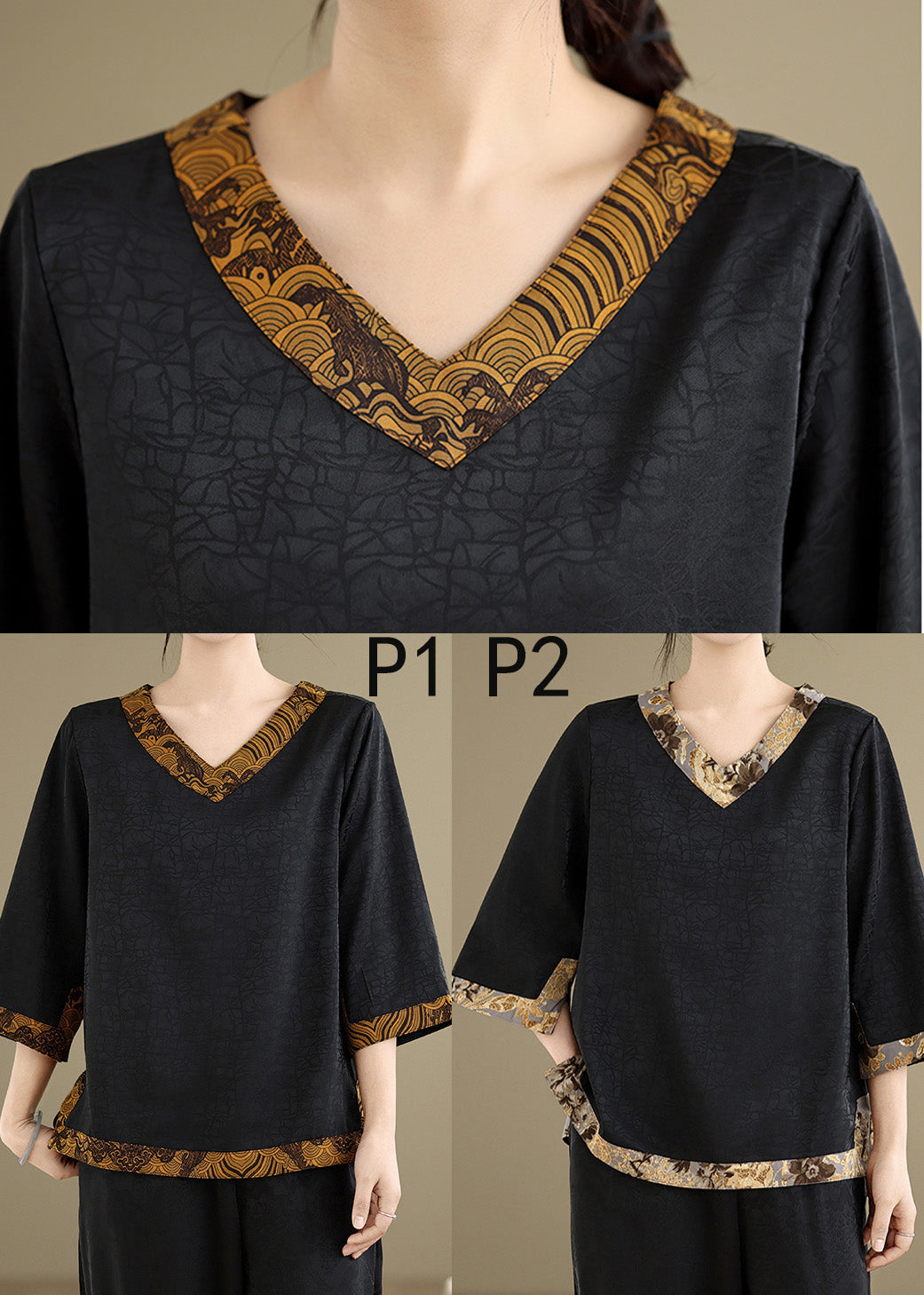 Style Black V Neck Patchwork Silk Shirts Summer